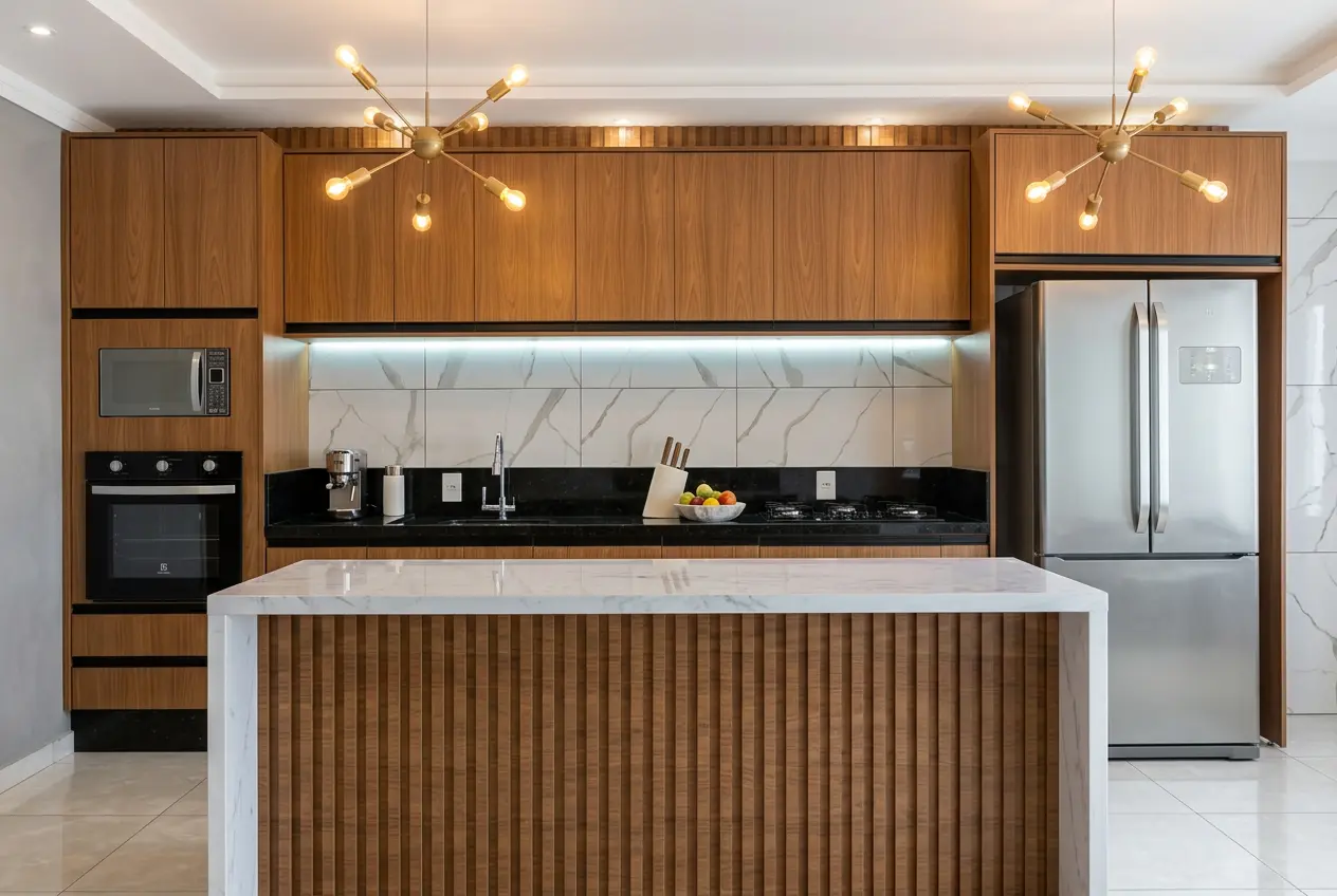 Cozinha moderna em madeira e mÃ¡rmore com ilha central ripada - Planned