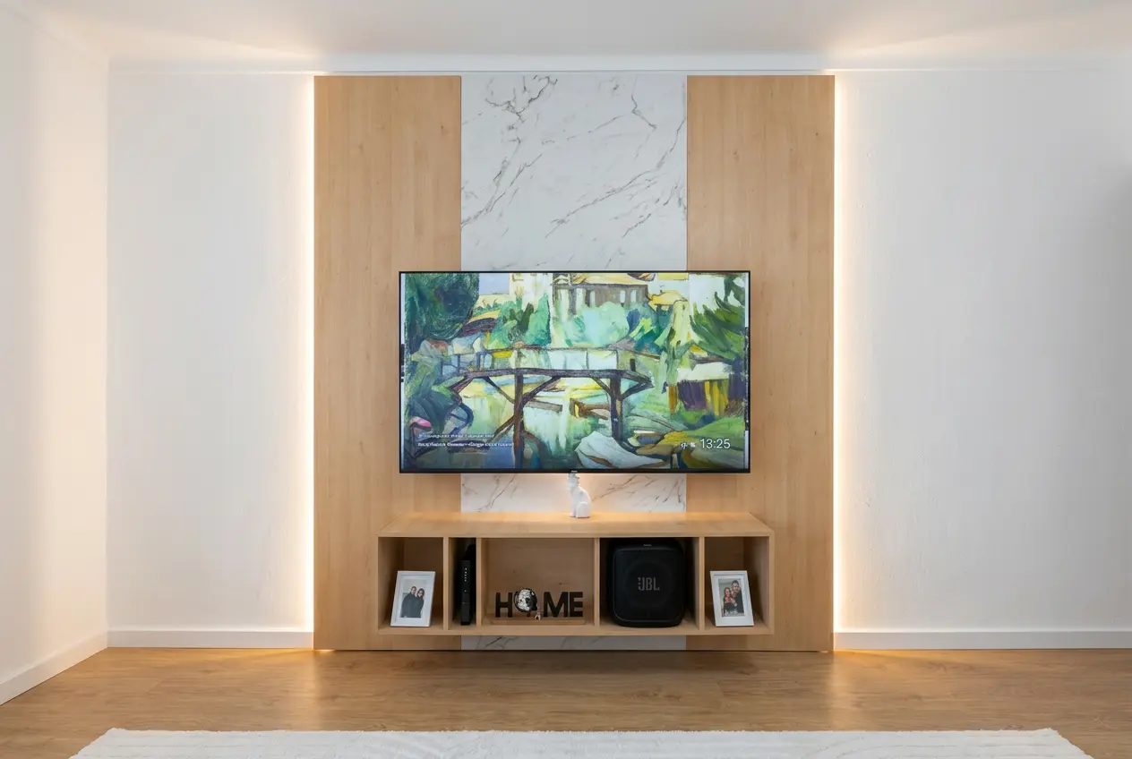 Painel para TV suspenso minimalista com LED e nichos decorativos - Planned